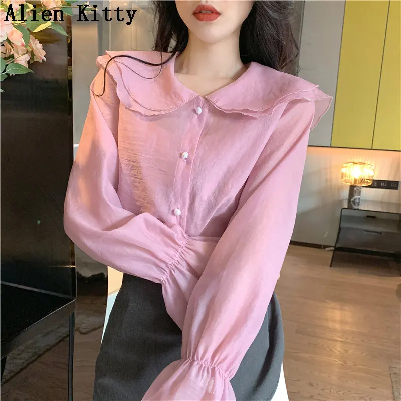 

Alien Kitty Pink Flare Sleeves Double Layers Solid New Cute Elegant 2019 Summer Fresh Simple Female Sweet Casual Free Shirt