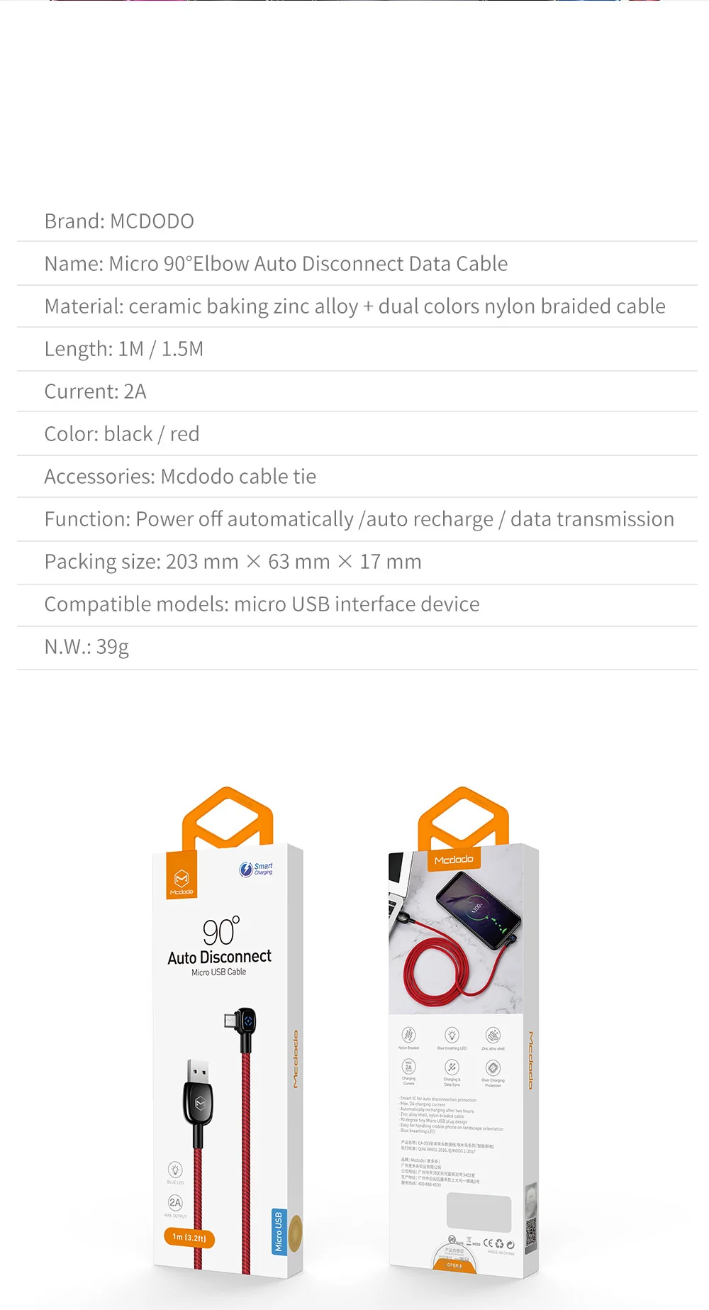 Mcdodo Micro USB кабель 2A Быстрая зарядка для samsung huawei Xiaomi автоматическое отключение данных USB кабель Andriod телефон светодиодный Micro USB кабель
