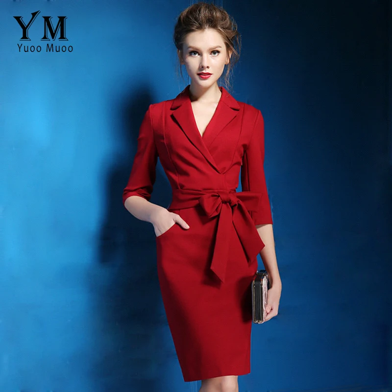 

YuooMuoo New Elegant Turn-Down Collar Women Office Dress Solid Brand Fashion Split Pencil Dress Ladies Workwear Plus Size