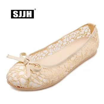

SJJH 2018 Woman Marry Jane Flats with Round Toe Cut-outs Bowtie Comfortable Footwear Casual Fashion Sweet Shoes Large Size A837