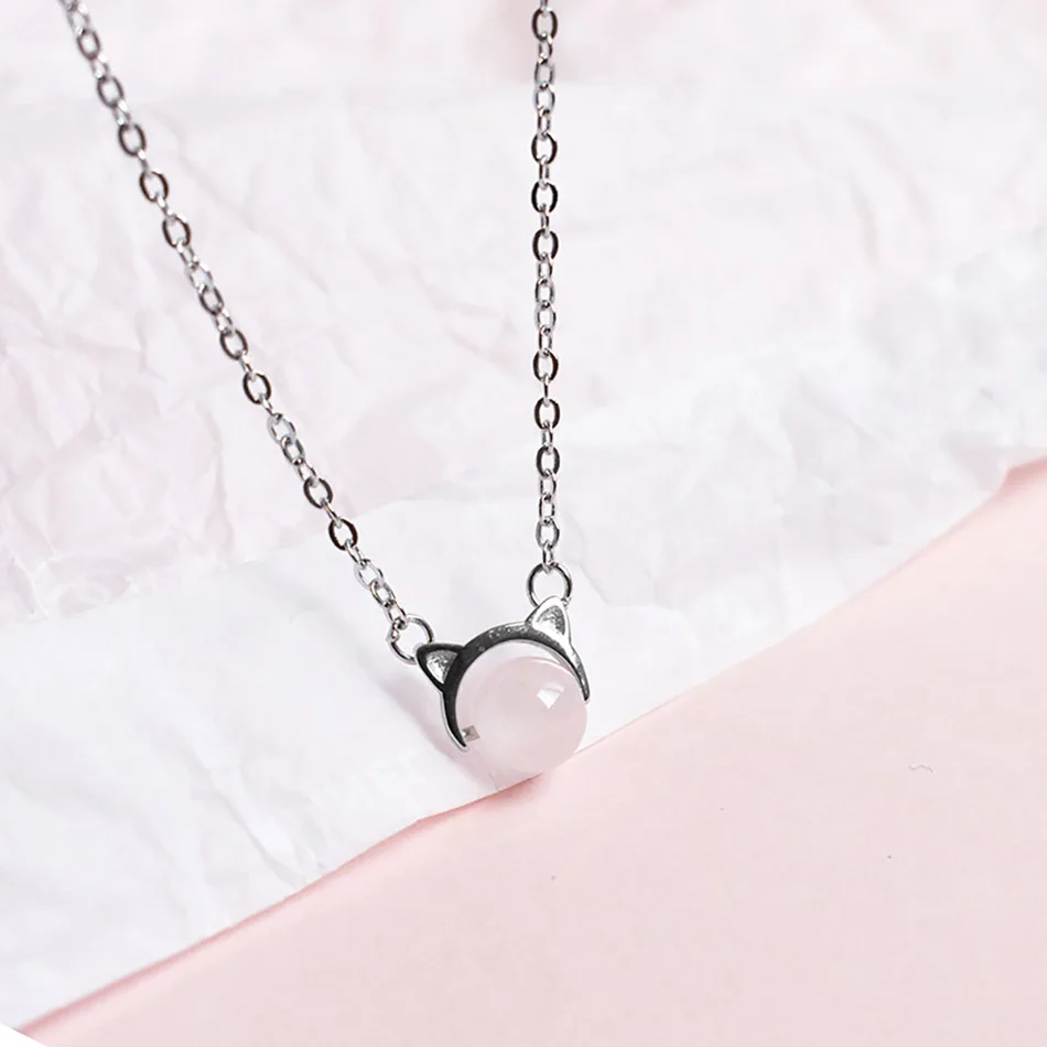 1 Pcs Silver Pink Quartz Round Beads Cat Shape Pendant Jewelry