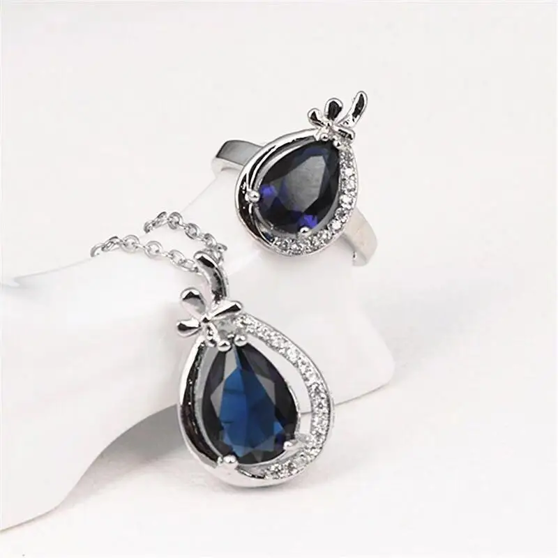 

New Classic Fashion Zircon Glamour Butterfly Lucky Animal Woman Water Drop Pendant Necklace Ring Engagement Wedding Jewelry Set