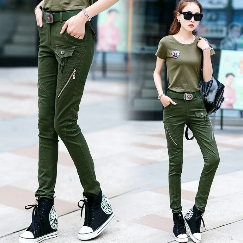 Новые хлопковые уличные тонкие спортивные брюки для женщин с несколькими карманами армейские тактические брюки износостойкие походные брюки для женщин - Цвет: Army Green