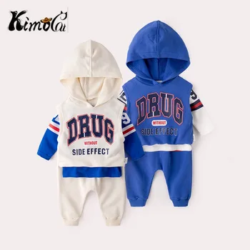 

Kimocat Autumn and winter baby boy and girl clothes 3 pieces of blue letter hooded vest sets (vest+T-shirt+pants) baby clothing