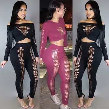 

2017 New Women Ladies Clubwear Hollow Out Sexy Two Piece Off Shoulder Long Sleeve Top And High Waist Trousers