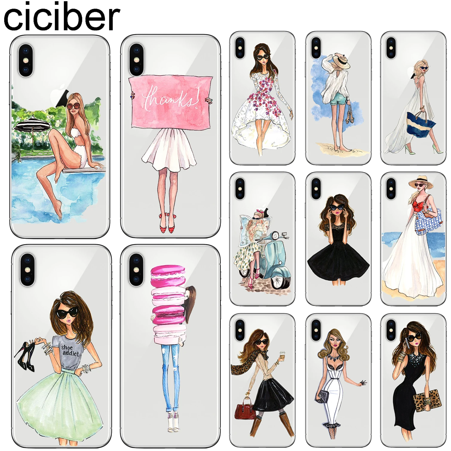 

ciciber Cute Fashion Girl Cover for Apple Iphone X XS MAX XR Clear Soft TPU Phone Case for Iphone 7 8 6 6S Plus 5S SE Funda Capa