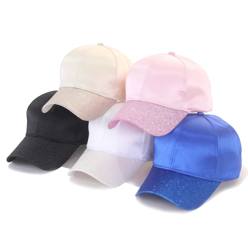 

Summer New Rayon Baseball Cap Women Sequins Peak Mesh Hat Pure Color for Ladies Ponytail Caps Black White Pink Blue Gold
