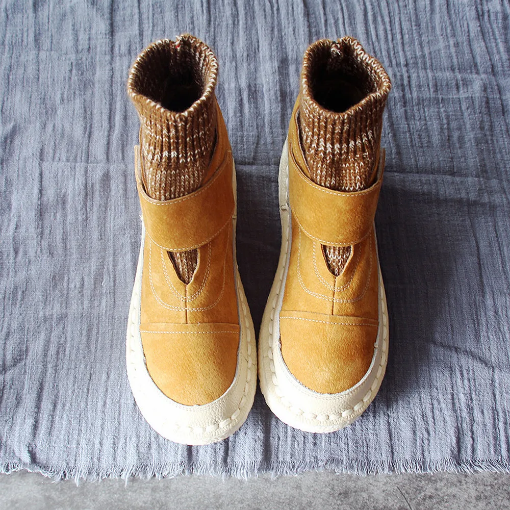 

2018 Autumn and Winter New Short Ankle Boots Woolen Mouth Hand-stitching Casual Cool Geniune Leather Women's Platform Boots