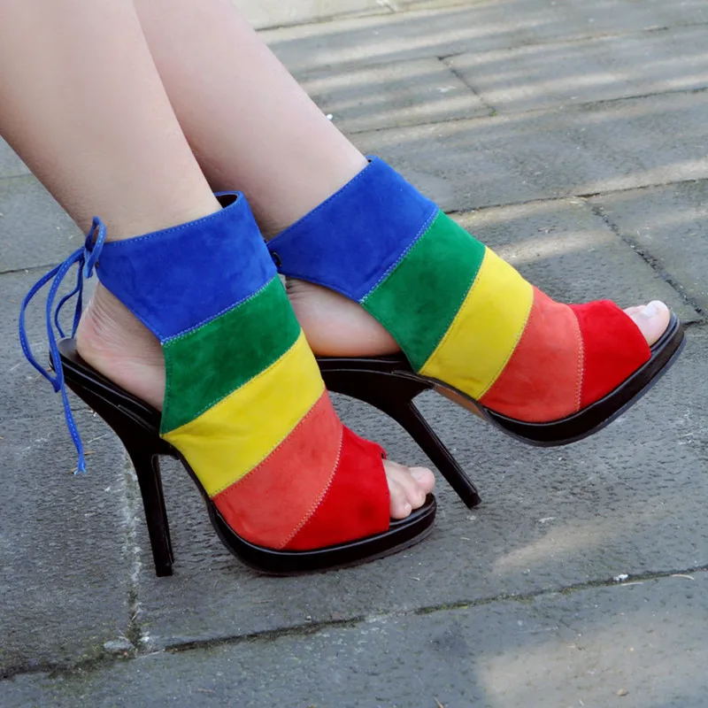 

Multicolor Suede Sandals Rainbow High Heels Women Pumps Open Toe Ankle Strappy Sandal Booties Sexy Ladies Stiletto Shoes Women