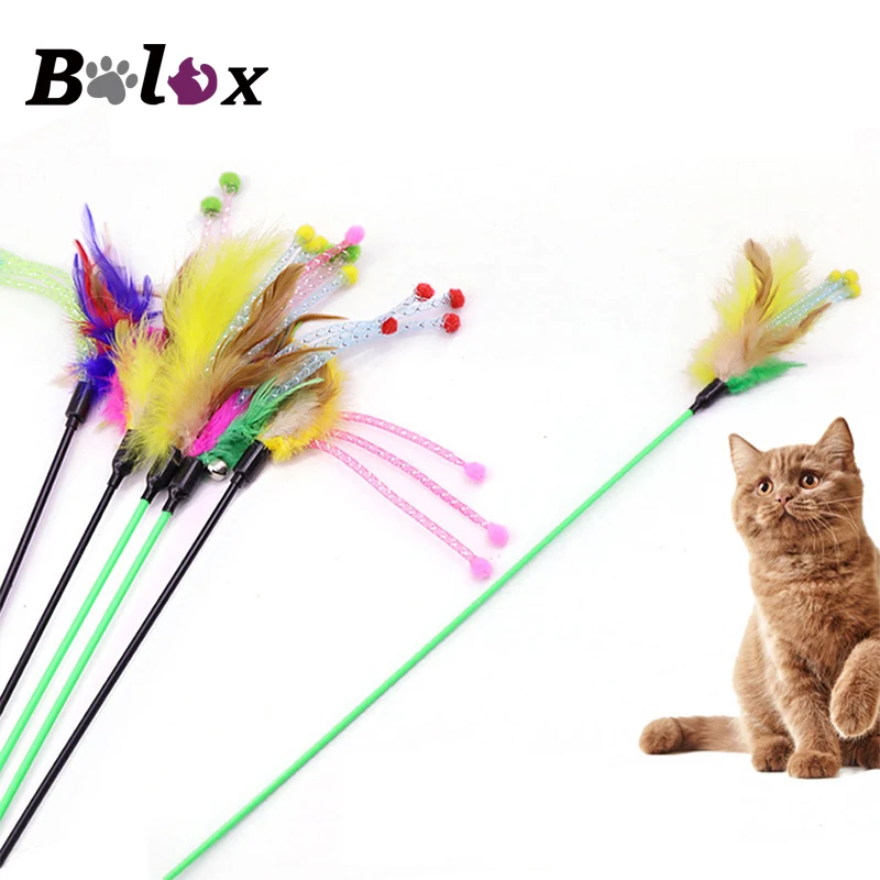 5 Pcs Cat Toys Soft Colorful Feather Bell Fuuny Toys Playing Interactive Teaser Stick Toy Pet Cat Supplies