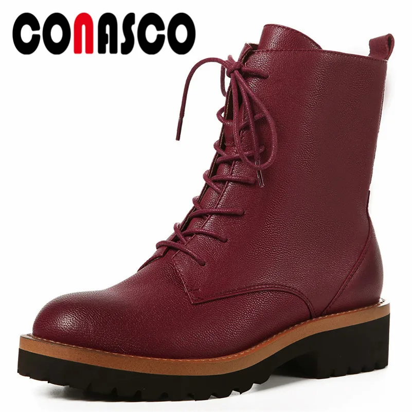 

CONASCO 2019 Fashion Women Genuine Leather Ankle Boots Corss-tied Autumn Winter Short Martin Shoes Woman High Heels Basic Boots