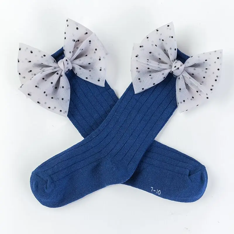 Модные носки для маленьких девочек с бантиками; хлопковые носки для малышей; носки принцессы для девочек; милые детские носки - Цвет: Navy Blue Long