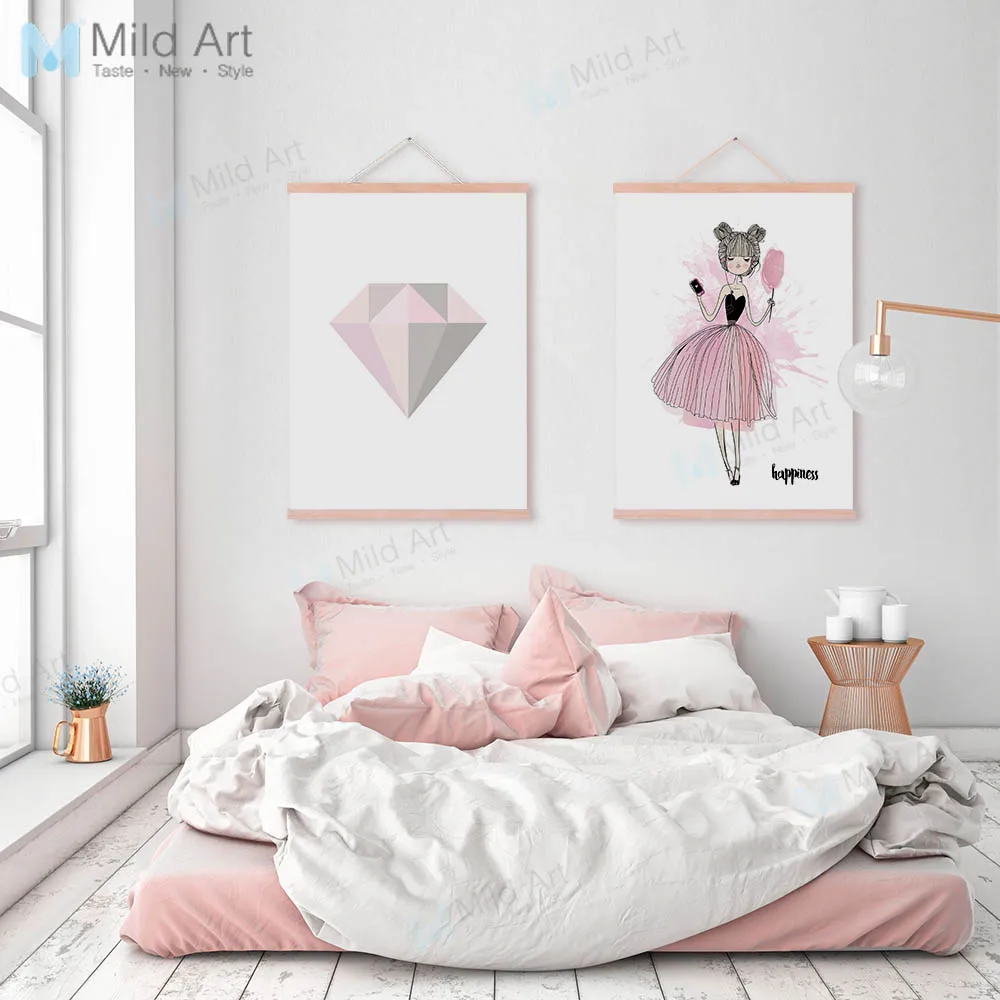 Us 8 36 47 Off Romantic Pink Diamond Ballet Dance Girl Wooden Framed Posters Nordic Bedroom Wall Art Picture Home Decor Canvas Paintings Scroll In
