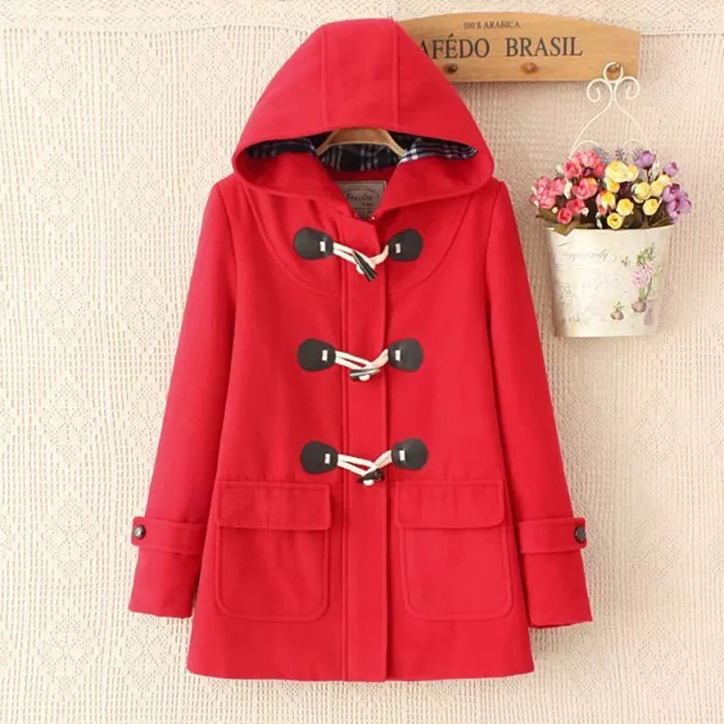 Осенне-зимнее женское Шерстяное Пальто, новинка, модное шерстяное пальто с капюшоном, свободное однотонное Женское шерстяное пальто с роговыми пуговицами, lb2583 - Цвет: red