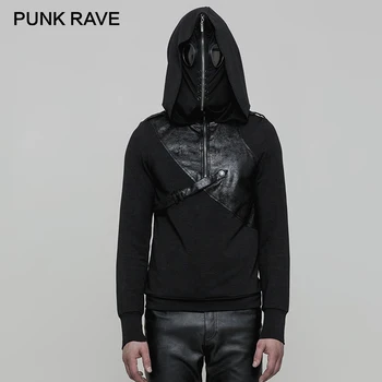 

PUNK RAVE Mens Hooded Steampunk Rock Double Hats Pullover Mask Cotton with PU Leather Belts Hip Hop Hooded