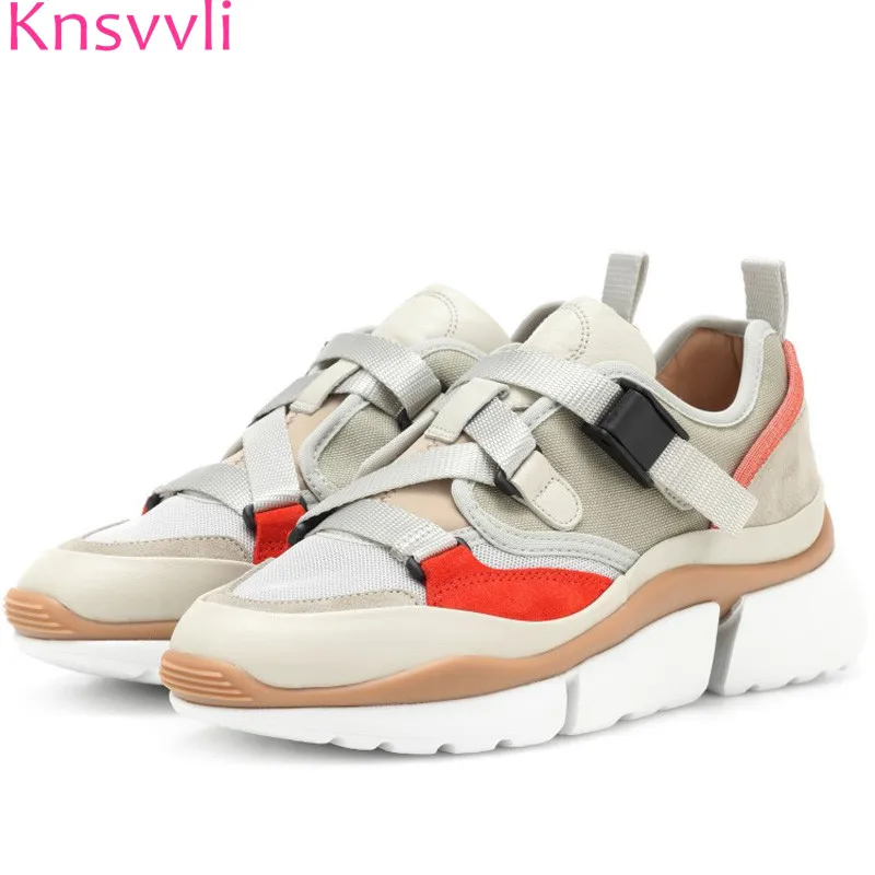 

Knsvvli 2018 newset mixed color casual shoes woman cowhide patchwork mesh platform shoes fashion comfort zapatos mujer