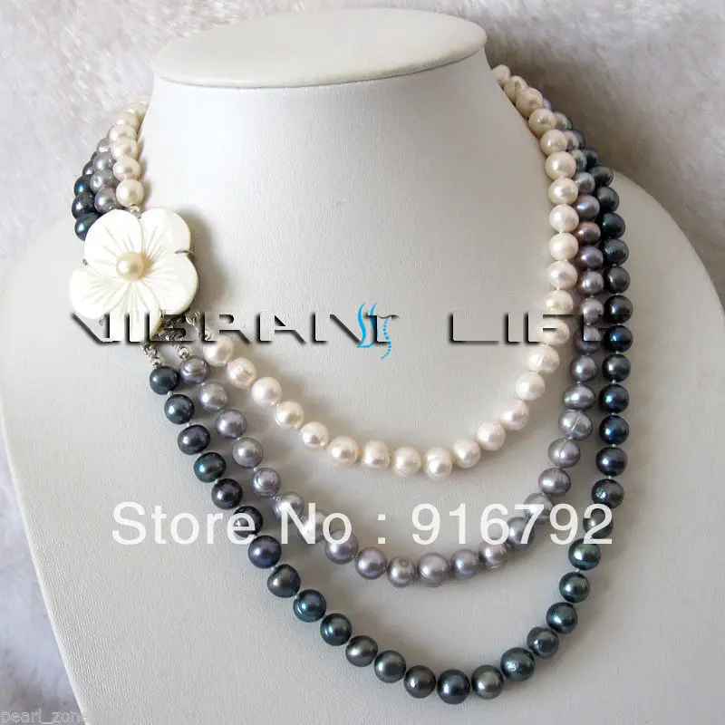 

free shipping 17-20" 7-9mm 3 Row Freshwater Pearl Necklace WGP C