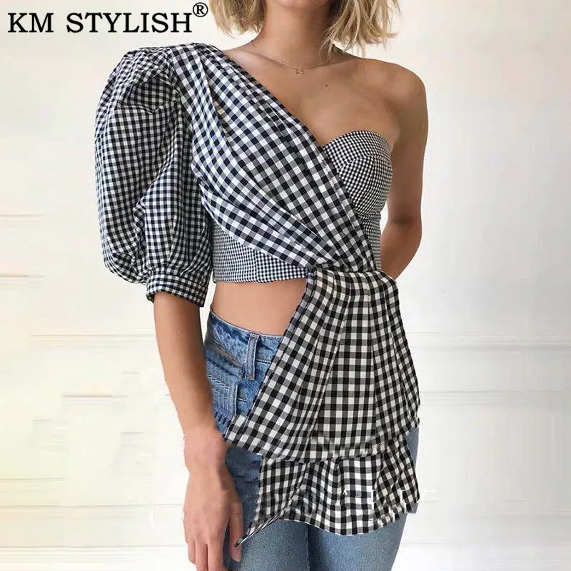 

Australian Tide Brand Plaid Single Off Shoulder Wrap Chest Top Vintage Puff Sleeve Women's Bow Shirt