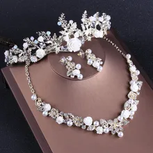 ФОТО bling pearls diamond tiaras women hair jewelry set with earrings necklace crowns hair flowers bridal party headbands headpieces