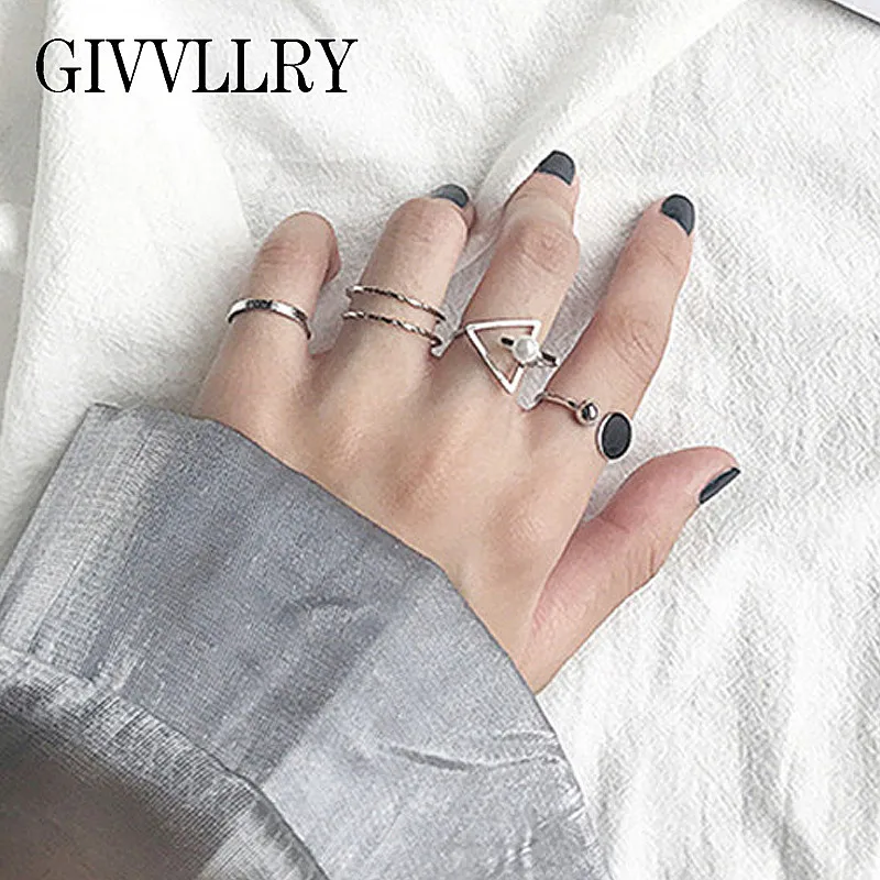 

GIVVLLRY Geometric Triangle Rings for Women Elegant Office Lady Minimalist Vintage Silver Color Midi Ring Set Knuckle Jewelry
