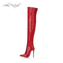 Новые Демисезонные женские Сапоги выше колена сапоги из лакированной кожи на высоком каблуке 12 см, белые красные сапоги на молнии на шпильке