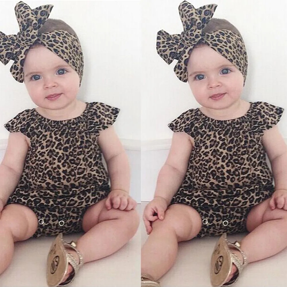 

ONTO-MATO Summer Newborn Baby Boy Girl Leopard Outfit Romper Jumpsuit Headband Clothes Set Tuta di cotone senza maniche#30