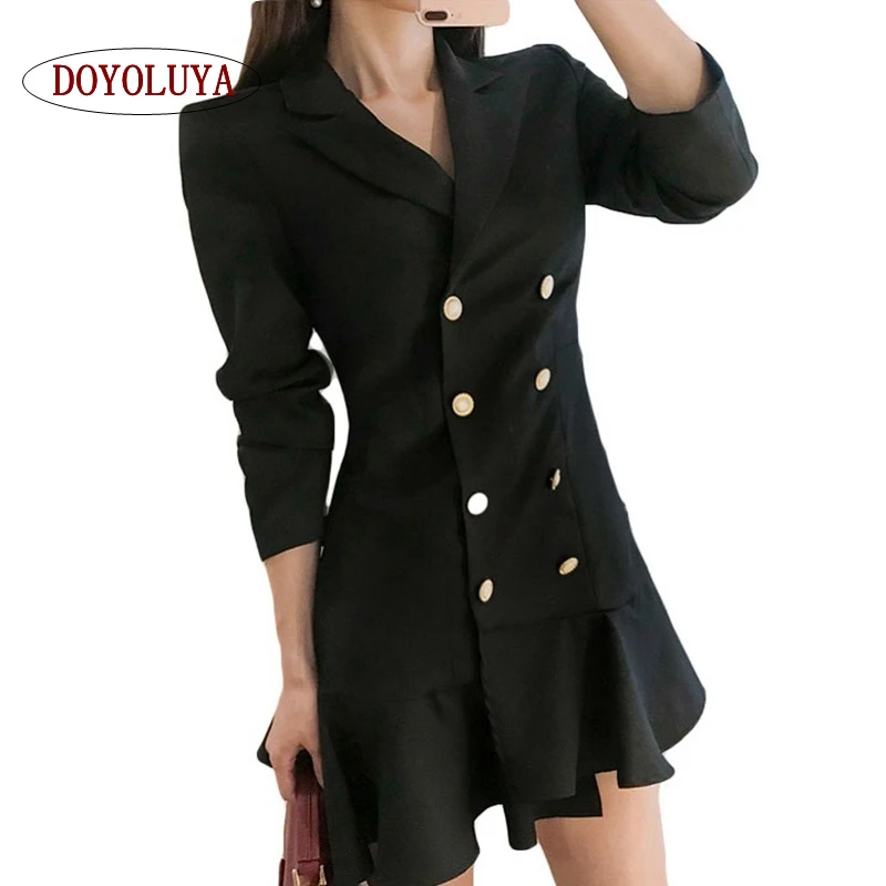 [DOYOLUYA] Black OL Double-breasted Bodycon Blazer Dresses Women 2018 Autumn Ruffles Suits Wear To Work Vestidos OutWear | Женская