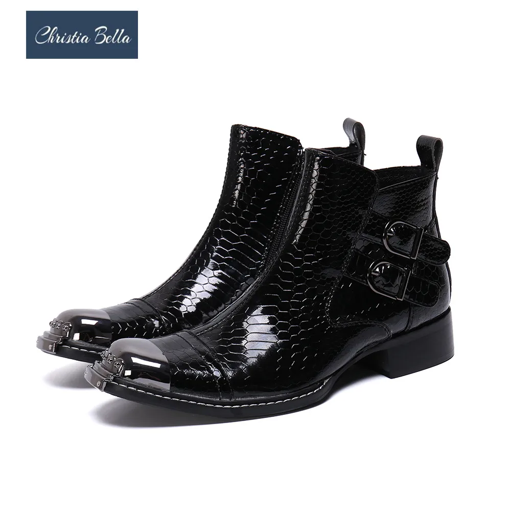 Christia Bella/зимние мужские Ботильоны из змеиной кожи; черные ботинки из натуральной кожи с квадратным носком; вечерние мотоботы в стиле панк;