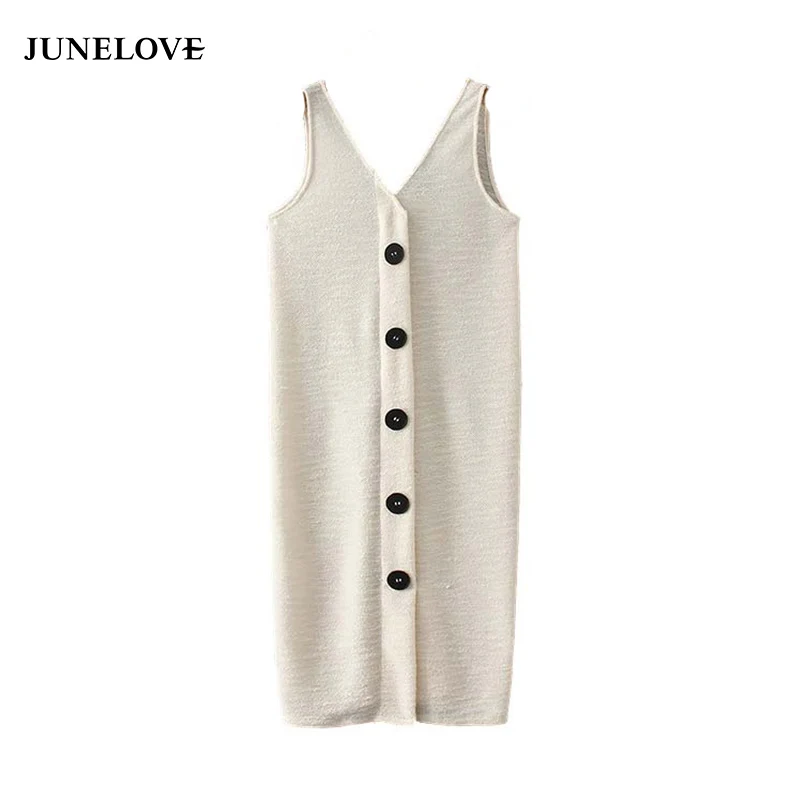 

JuneLove elegant V neck knitted dress buttons decoration sleeveless stretchy female casual knee length dresses Vestidos