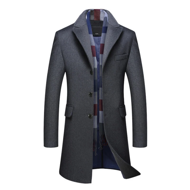 Зимняя шерстяная куртка, мужской Тренч в британском стиле, Мужская Повседневная Длинная шерстяная верхняя одежда, Высококачественная шерстяная куртка без шарфа