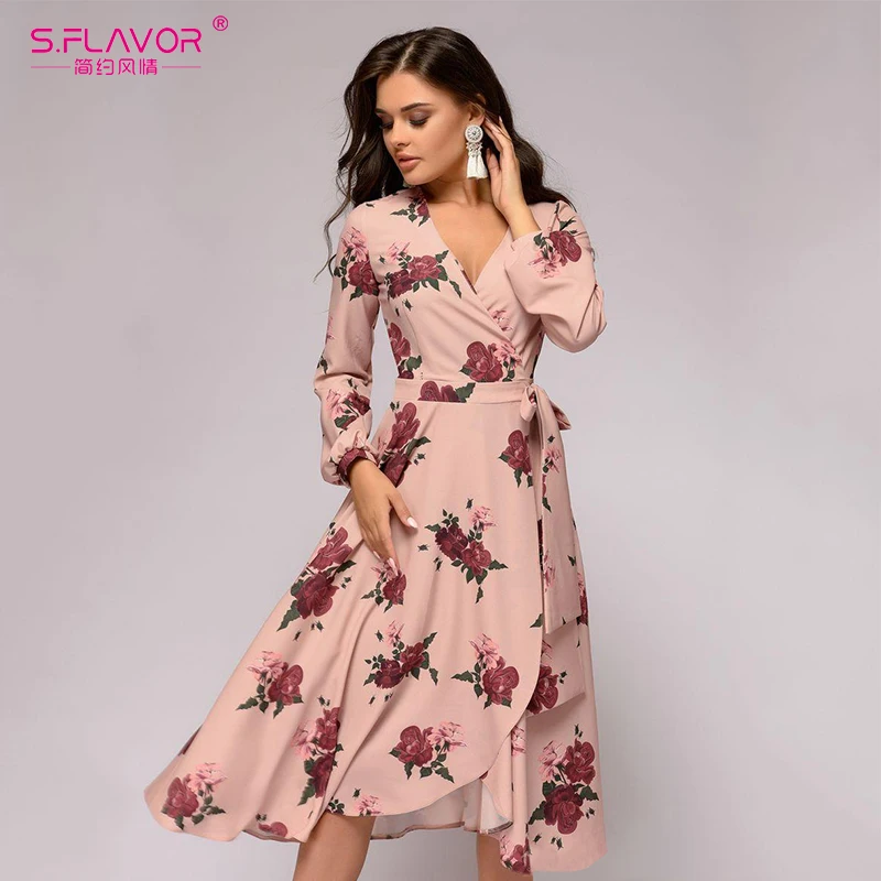 

S.FLAVOR 2019 Spring Printing A-line Dress Fashion Lantern Long Sleeve V-neck Sexy Casual Vestidos Female Bohemian Women Dress