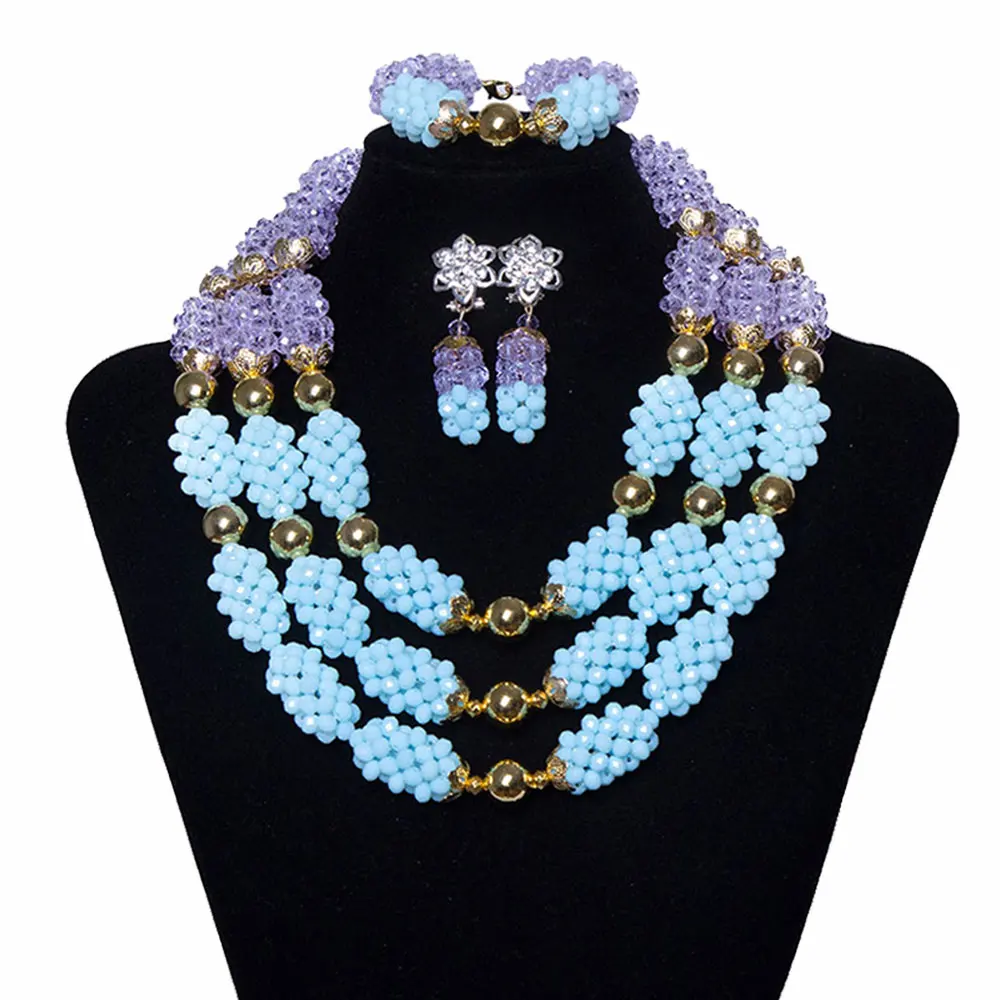 

3 Rows Sky Blue Crystal Beads African Wedding Jewelry Sets Bridal Nigerian Wedding Beads Jewelry African Necklace Sets for Women