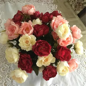 8 headBouquet European Pretty Wedding Mini Peony Rose Artificial Silk Flower bouquet Flores Bride Home Decor Cheap Fake Flowers