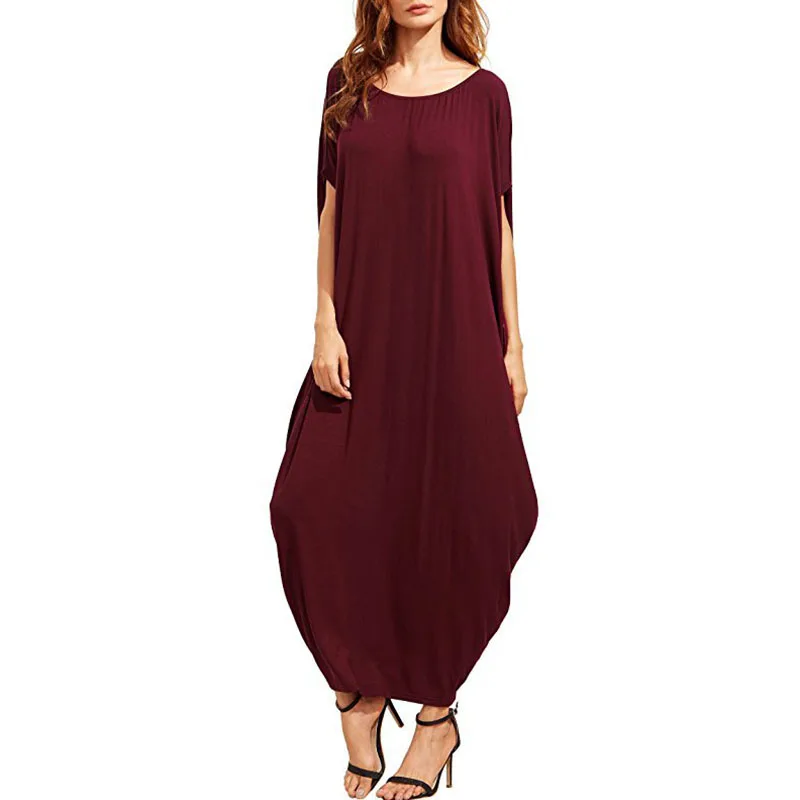 Summer Womens Solid Loose Maxi Dress Ladies Crew Neck Casual Party Long Dress