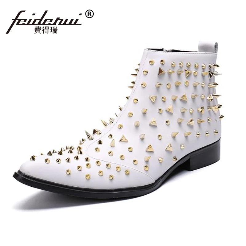 

High Quality Pointed Toe Man Handmade Studded Martin Shoes Genuine Leather High-Top Men's Punk Rocker Riding Ankle Boots SL330