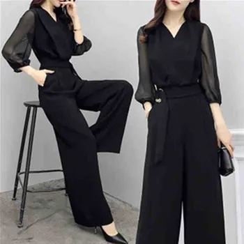 

2019 Summer Women Slim V-Neck Wide Leg Jumpsuits Sashes Elegant Ladies Puff Sleeve Black Party Chiffon Playsuit