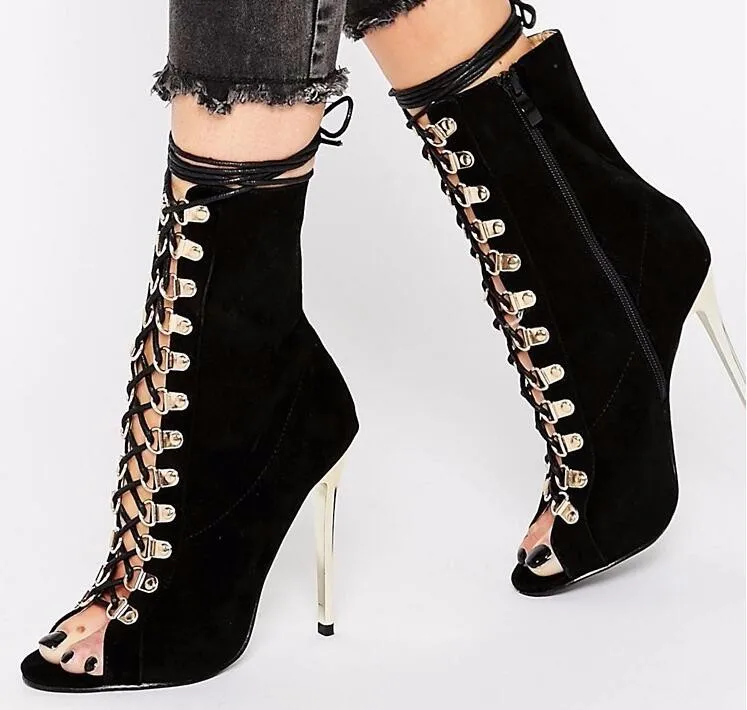 

Newest Fashion Women shoes Hot Sale Top Quality Cheap Price Peep Toe Ankle Real Photo Lace-Up Black Suede Leather Big Size 10