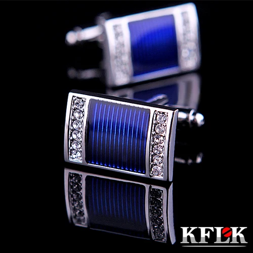 

KFLK jewelry NEW shirt cufflinks for mens gift Brand cuff buttons Crystal cuff links High Quality Blue abotoaduras Jewelry