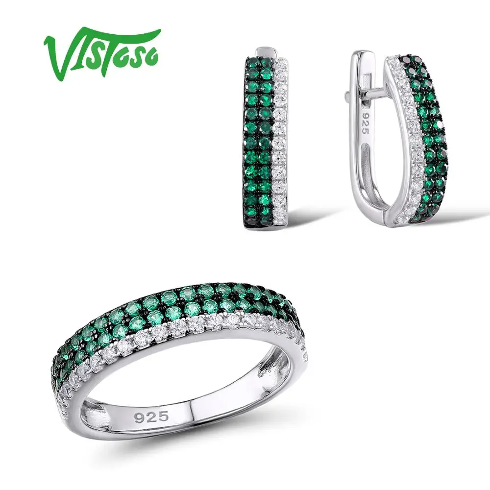 

VISTOSO Jewelry Sets For Woman Green Spinels White CZ Stones Jewelry Set Earrings Ring 925 Sterling Silver Fashion Fine Jewelry