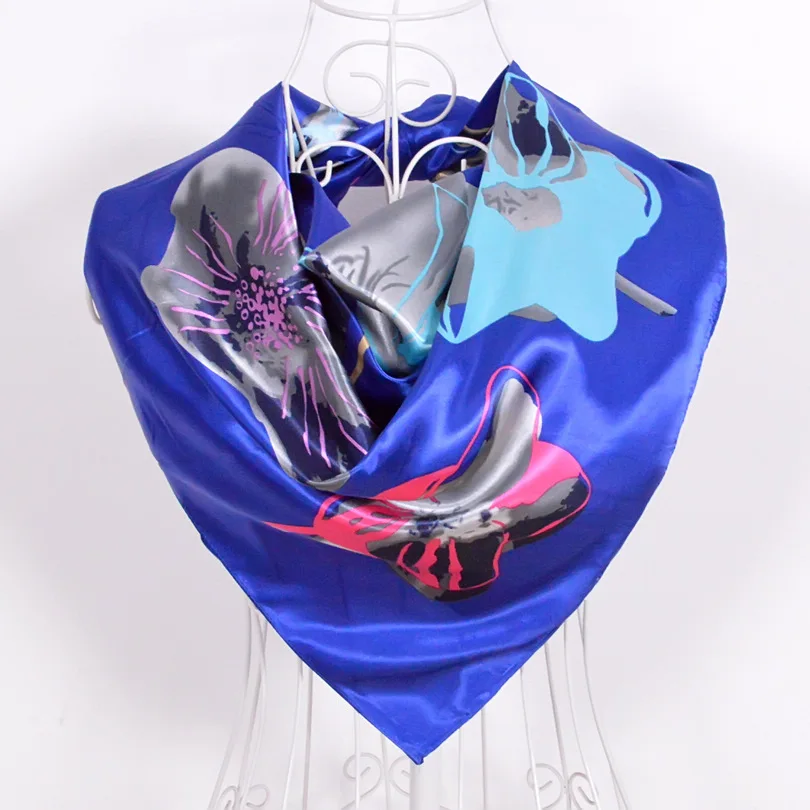 [BYISFA] женский шелковый шарф Обертывания Европейский стиль дизайн атласный большой квадратный шарф с принтом бренд женский синий шелковый шарф 90*90 см - Цвет: blue floral