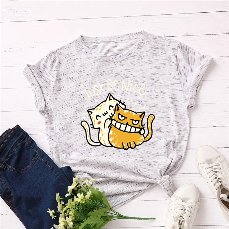 Женская футболка размера плюс S-5XL с милым принтом кота и буквами, хлопок, круглый вырез, короткий рукав, летняя футболка, топы, футболки, женские футболки