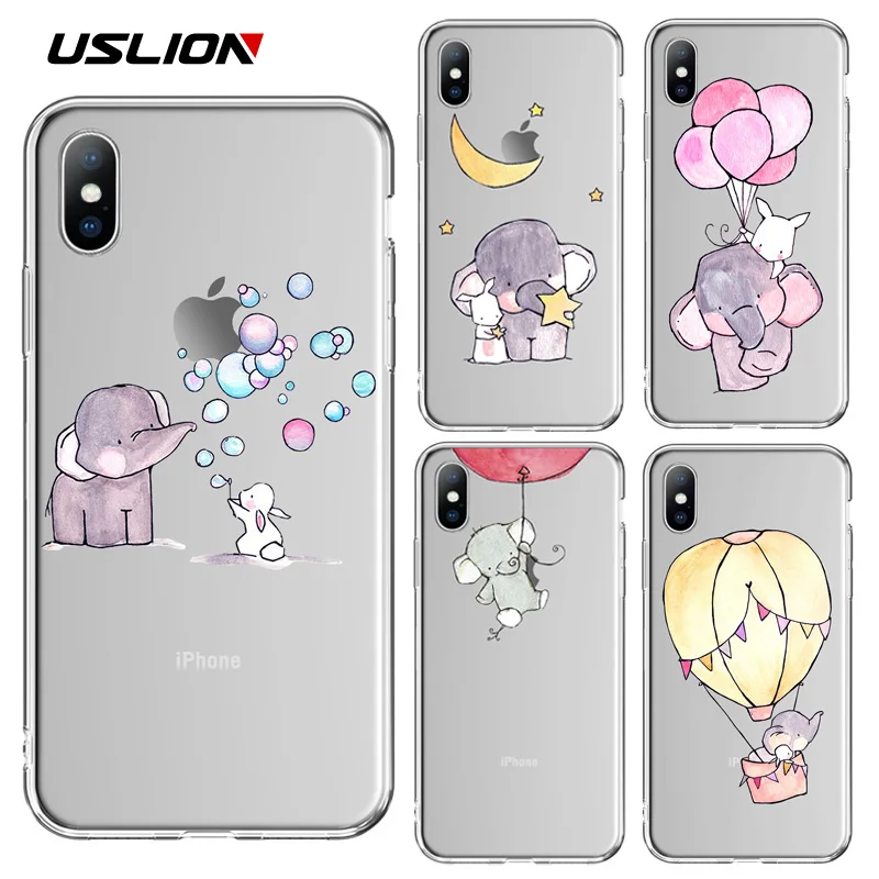 

USLION Cartoon Elephant Phone Case For iPhone 7 8 6 6s Plus Transparent Silicone Case For iPhone X XR XS Max Soft Clear Cover