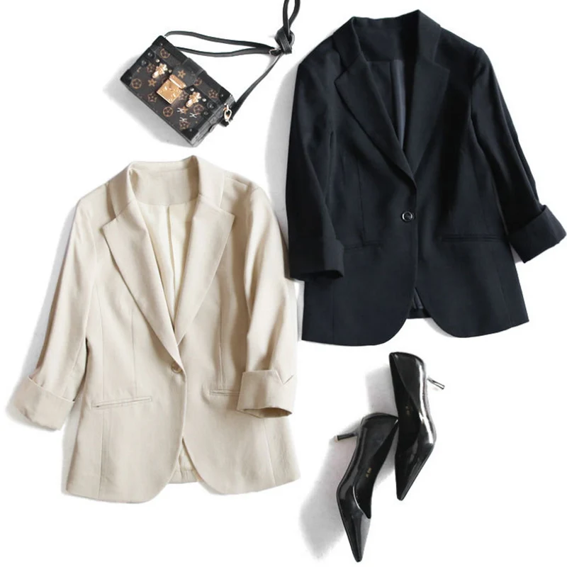 Spring OL cotton and linen small suit seven-point sleeves sleeves one-button buckle solid color Slim suit jacket free shipping