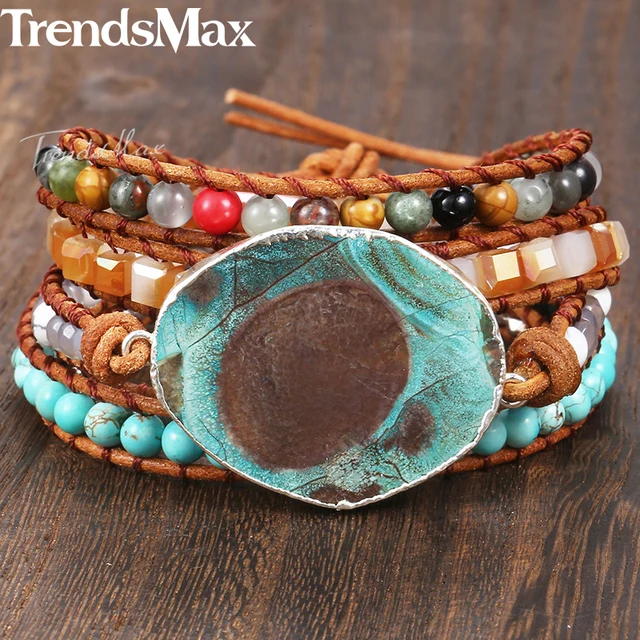 Womens Beaded Bracelets Boho Wristband Gold Filled Stone Brown White Womens Beaded Bracelets Boho Wristband Gold Filled Stone Brown White Leather Wrap Bracelet Unique Woman Jewelry Gift 8mm Kdsbm07