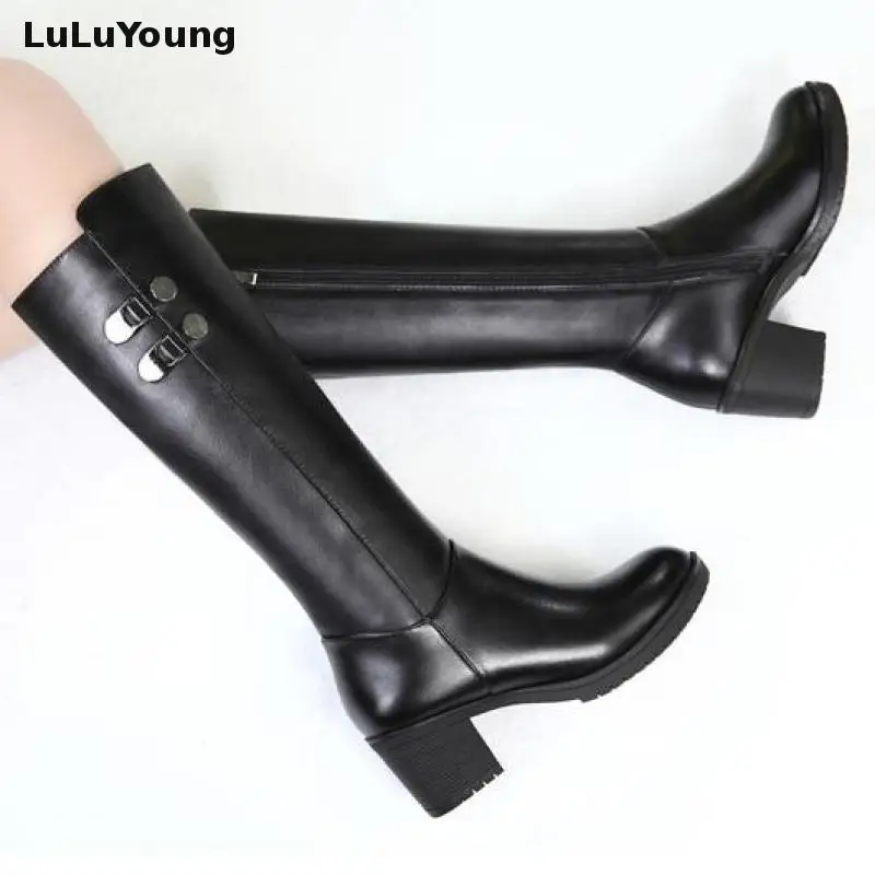 

Split Leather Knee-high Zip Motorcycle Boots High Boots Women's Winter Warm Shoes Knee High