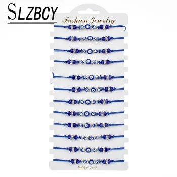 

12 pcs/lot Blue Evil Eye Charm Bracelets Set Women Men Braided Adjustable Rope Crystal Beads Couple Bracelet Fashion Jewelry