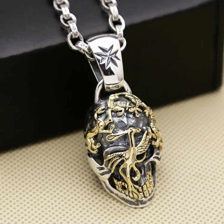 

S925 Sterling Silver Jewelry Inlaid Copper Dragon Skull Pendant Thai Buddha Statue Thai Silver Sweater Chain Large Pendant