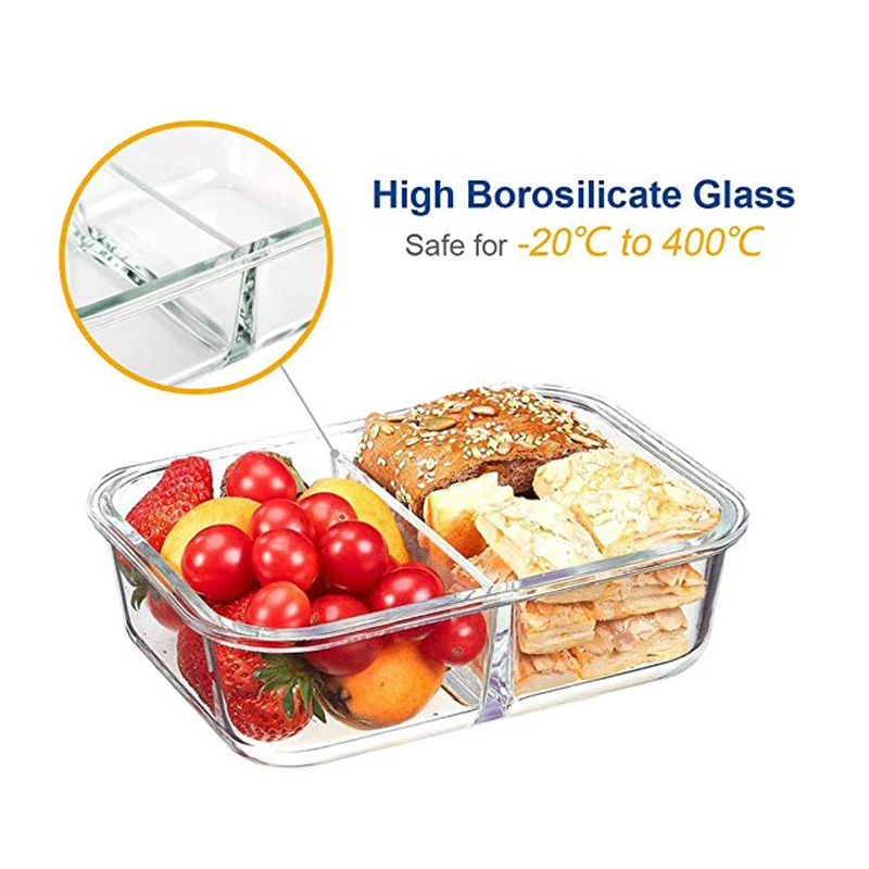Glass Food Storage Meal Prep Containers 2 grid with Airtight Locking Lids BPA Free Divided Glass Bento Lunch Boxes Crisper