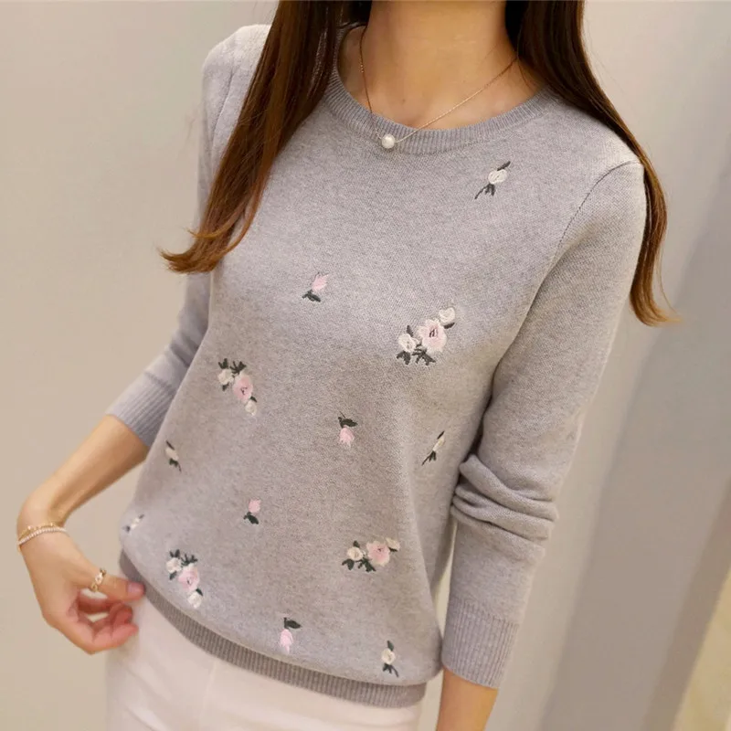 Beste S 3XL Nieuwe Jeugd vrouwen Trui Herfst Winter 2018 Mode Elegant Perzik Borduren Slanke meisje Gebreide Trui Tops Vrouwelijke