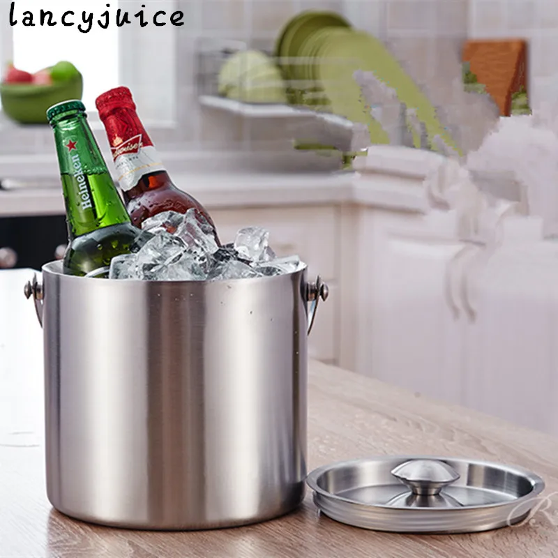 Portable ice bucket with LidDouble layer stainless steel ice bucket 2L